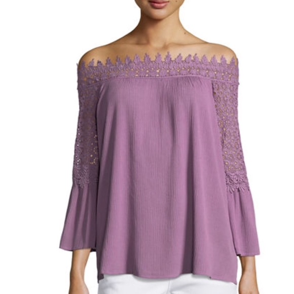 NM Neiman Marcus Tops - Neiman Marcus Lace Trim Off-the-Shoulder Blouse